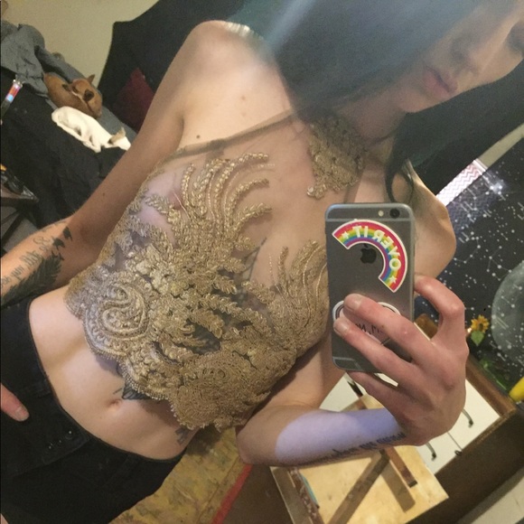 Tops - ✨sheer gold-embroidered halter✨